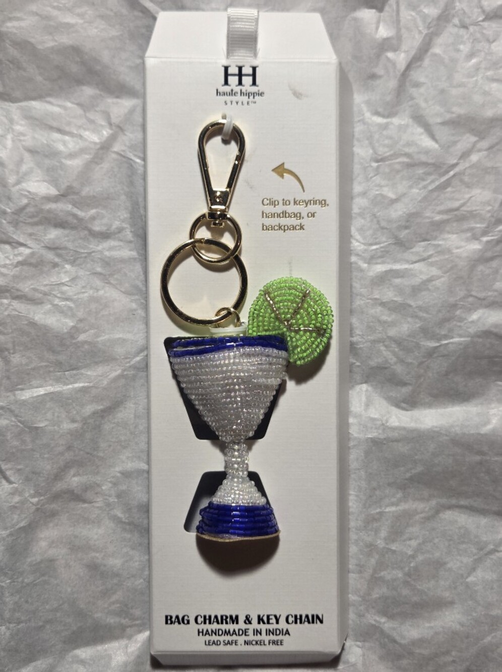 Haute Hippie Beaded Cocktail Glass & Lime Keychain Or Purse Charm